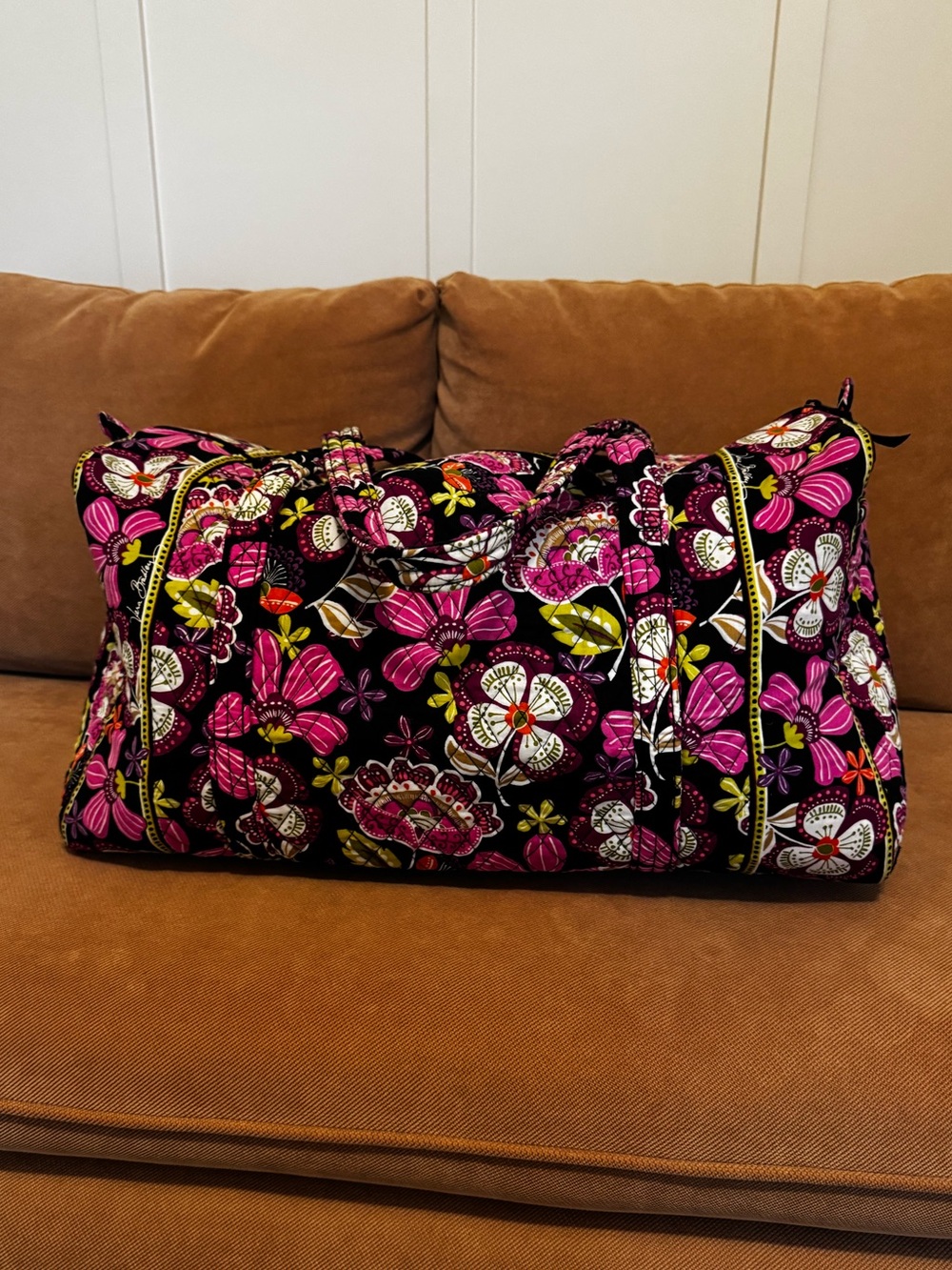 Vera Bradley Black Quilted Weekender with Pink Floral Print